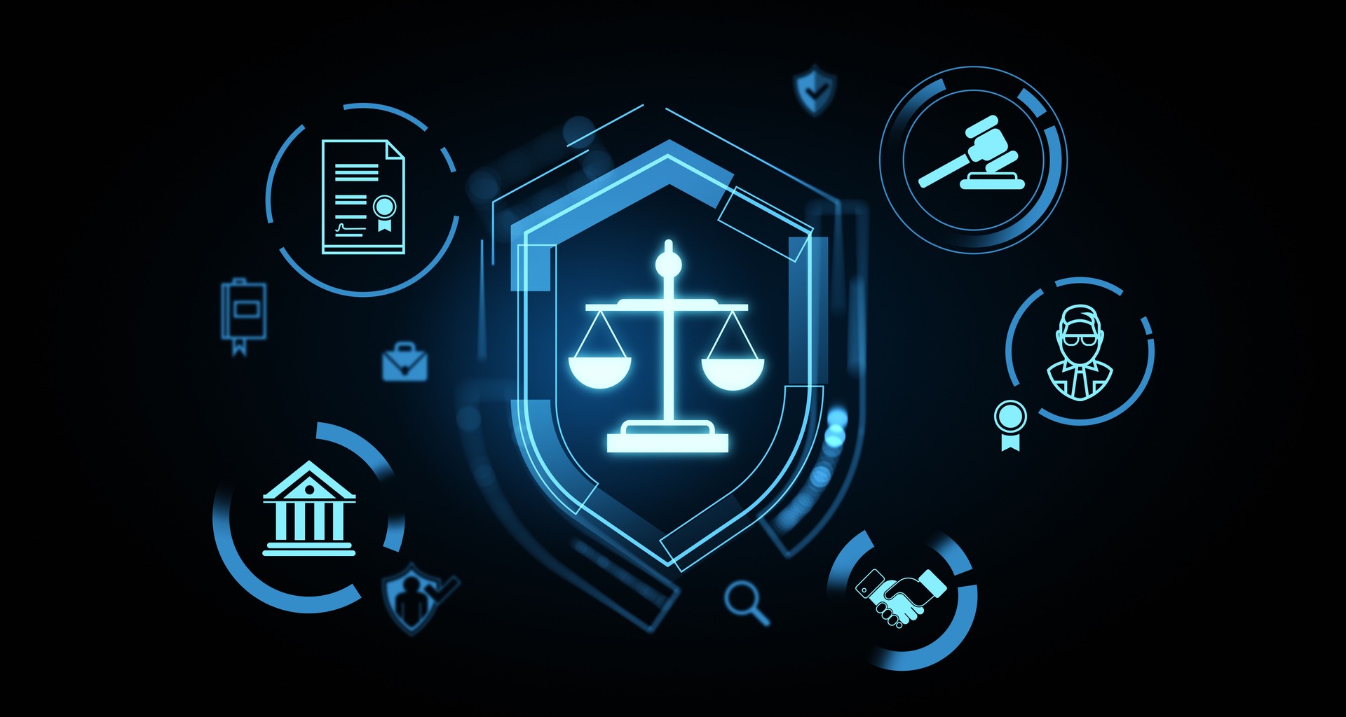 Digital justice and legal technology interface with icons on dark background. 3D Rendering
